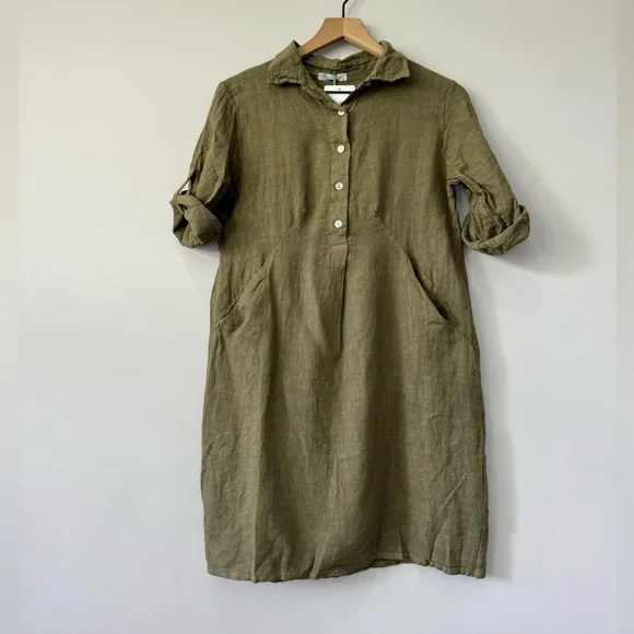 Elena Baldi | Dresses | Elena Baldi Nwt Pure Linen Olive Green Roll Up  Sleeves Front Pocket Mini Dress S | Poshmark
